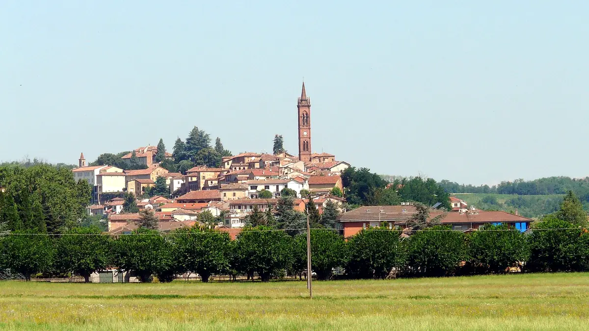 Fubine Monferrato: Il borgo con l'alto campanile visto dai prati